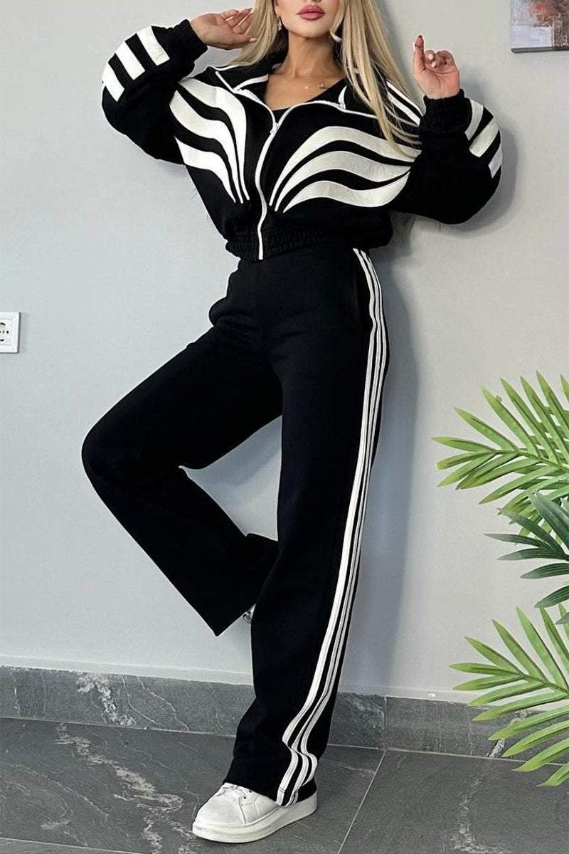 Women's Contrast Color Long Sleeve Pants Suit