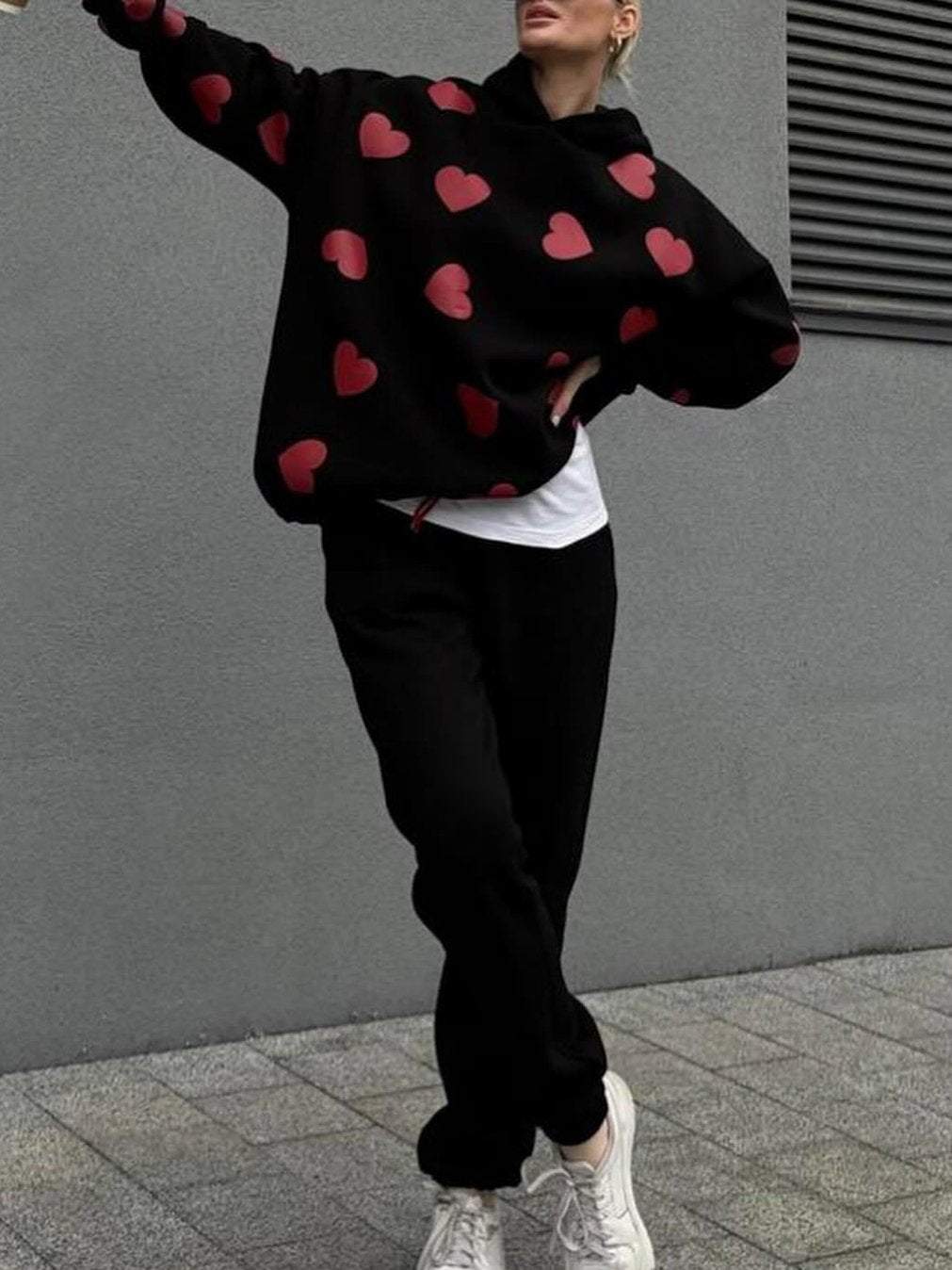 Women's Casual Heart Print Hooded Pants Set