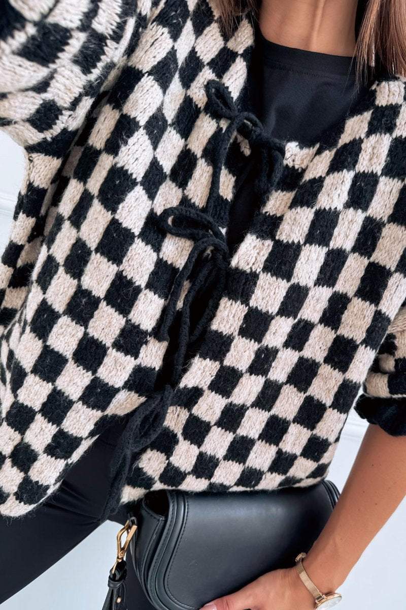 Women's Check Lace-Up Knit Cardigan