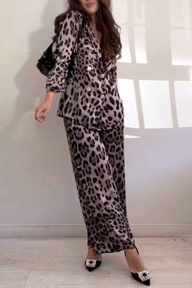 Women's Casual Lapel Leopard Printed Two-piece Suit