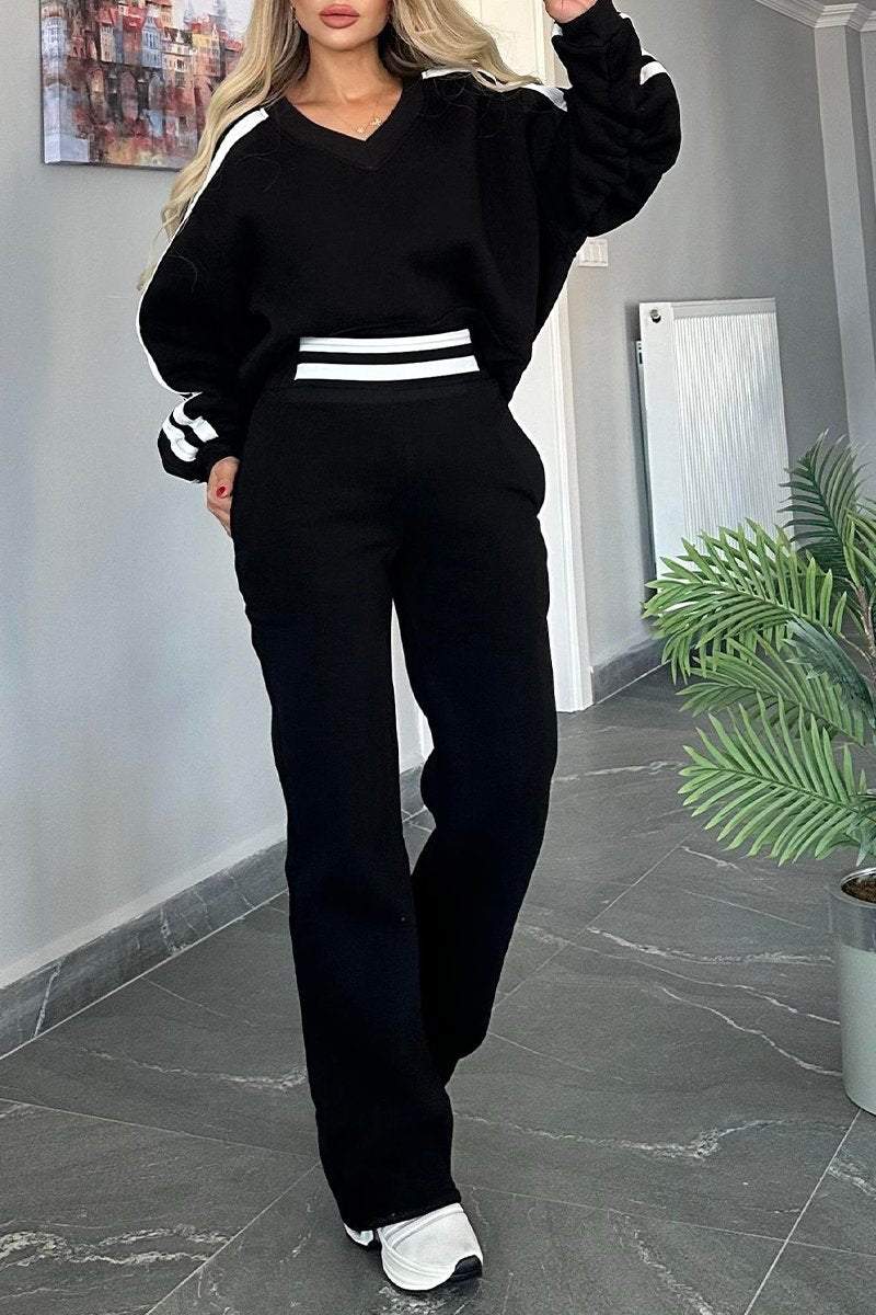 V-neck Long-sleeved Striped Design Casual Sweatshirt Suit