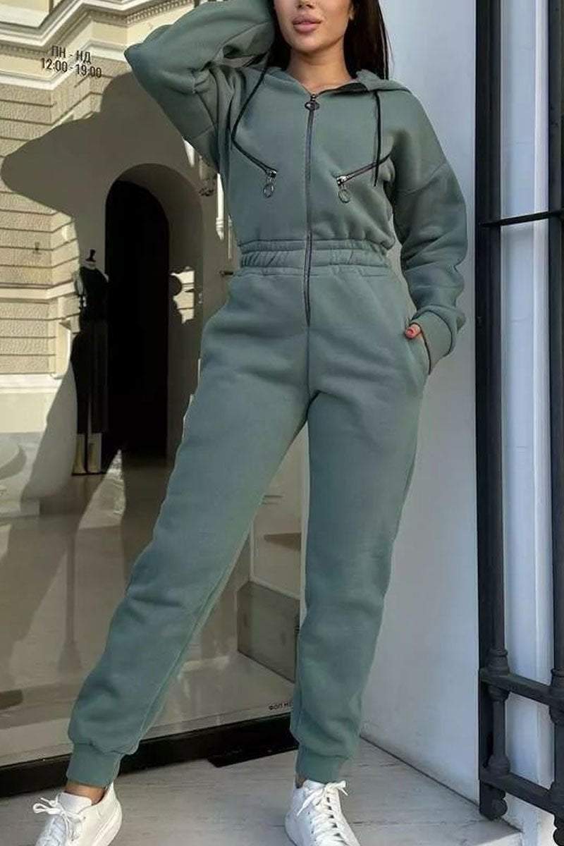 Solid Color Zipper Long Sleeve Jumpsuit