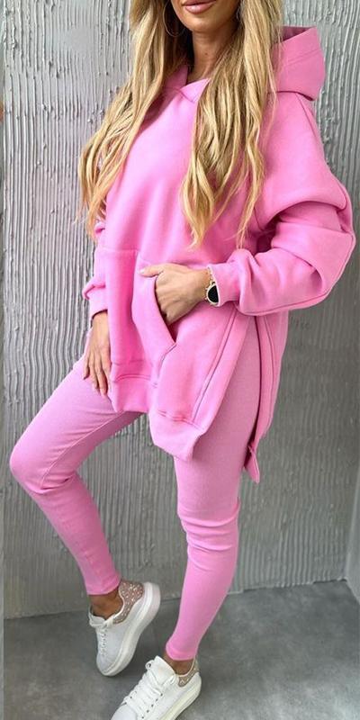 Women's Hooded Solid Color Sports Sweatshirt Two-piece Suit