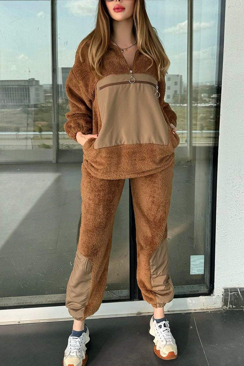 Women's Casual Patchwork Plush Pants Suit