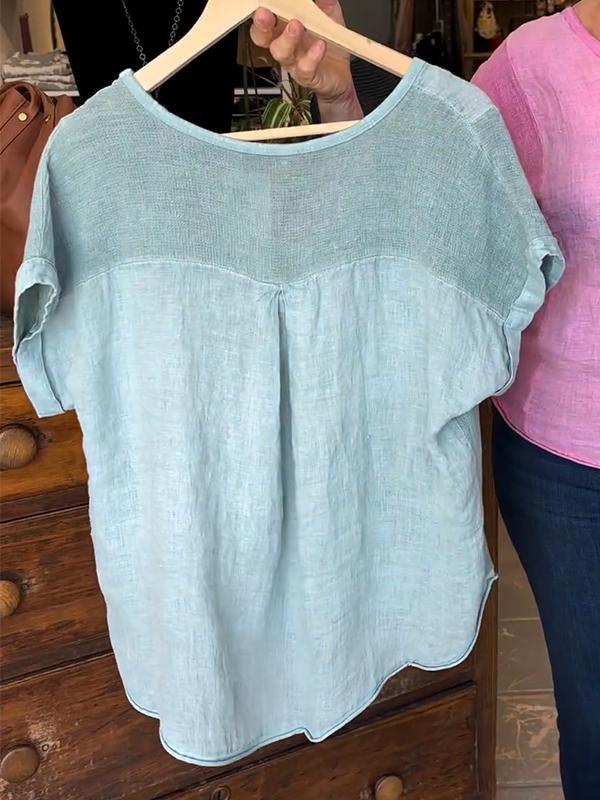 Women's V-neck Solid Color Cotton and Linen Short-sleeved Top