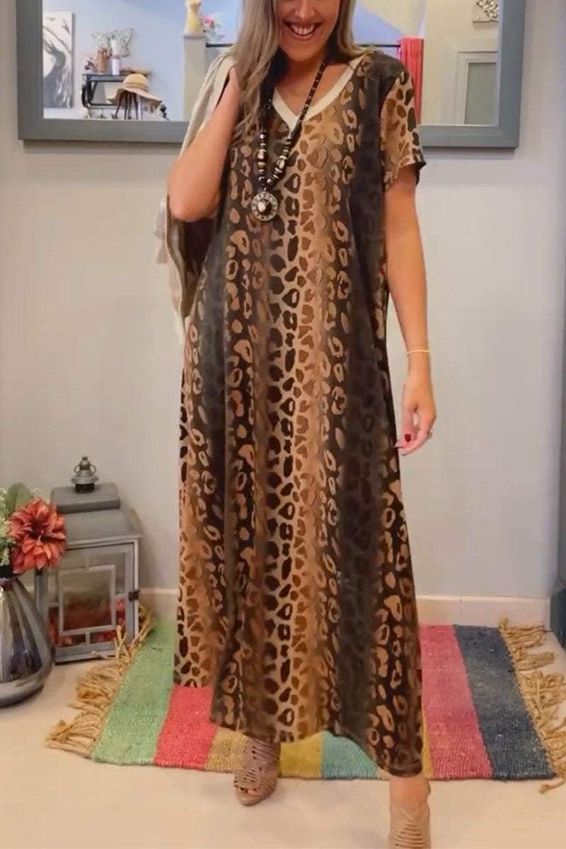 Women's Casual V-neck Leopard Printed Dress + Gold-stamped Jacket Set