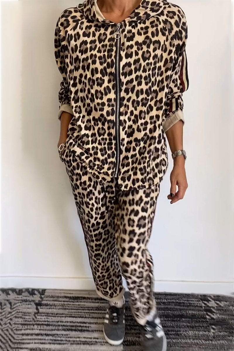 Hooded Long-sleeved Leopard Print Casual Suit