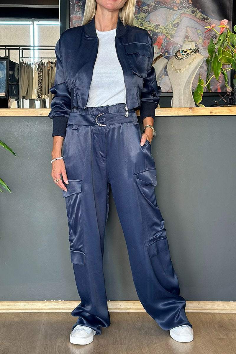 Women's Solid-color Short Coat High-waisted Wide-leg Pant Suit