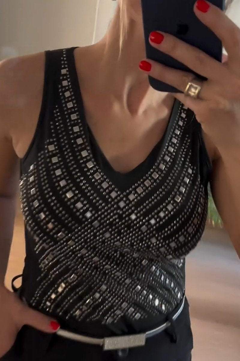 Women's Casual V-neck Rhinestone Sleeveless Jumpsuit