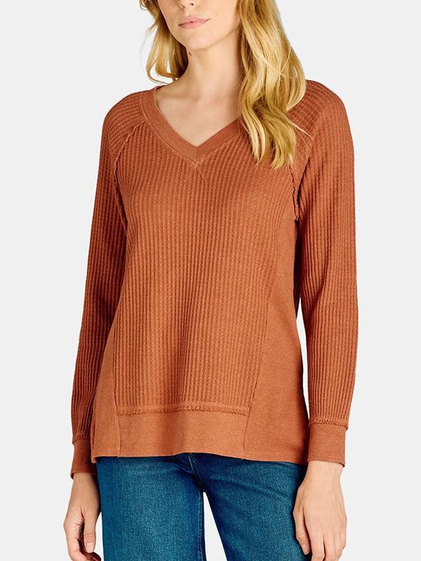 Women's V-neck Solid Color Waffle Top