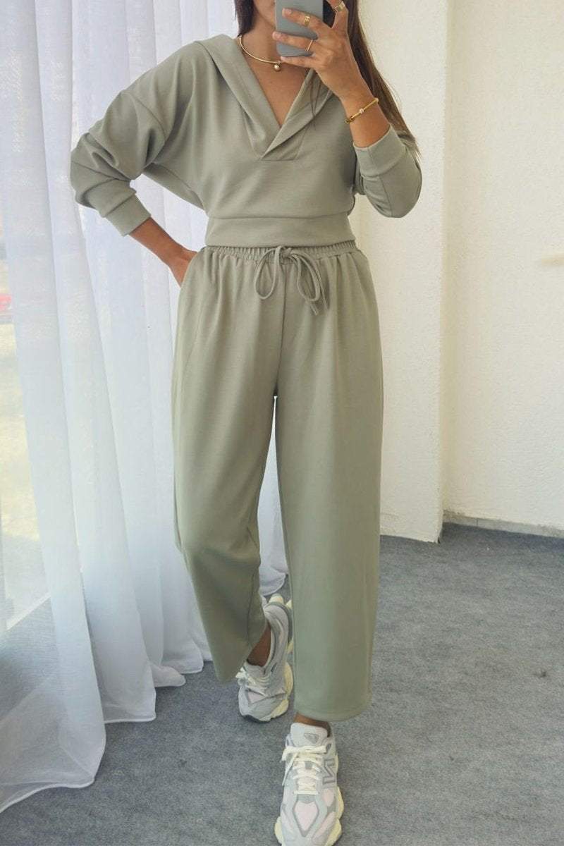 Women's Casual V-neck Hooded Two-piece Suit