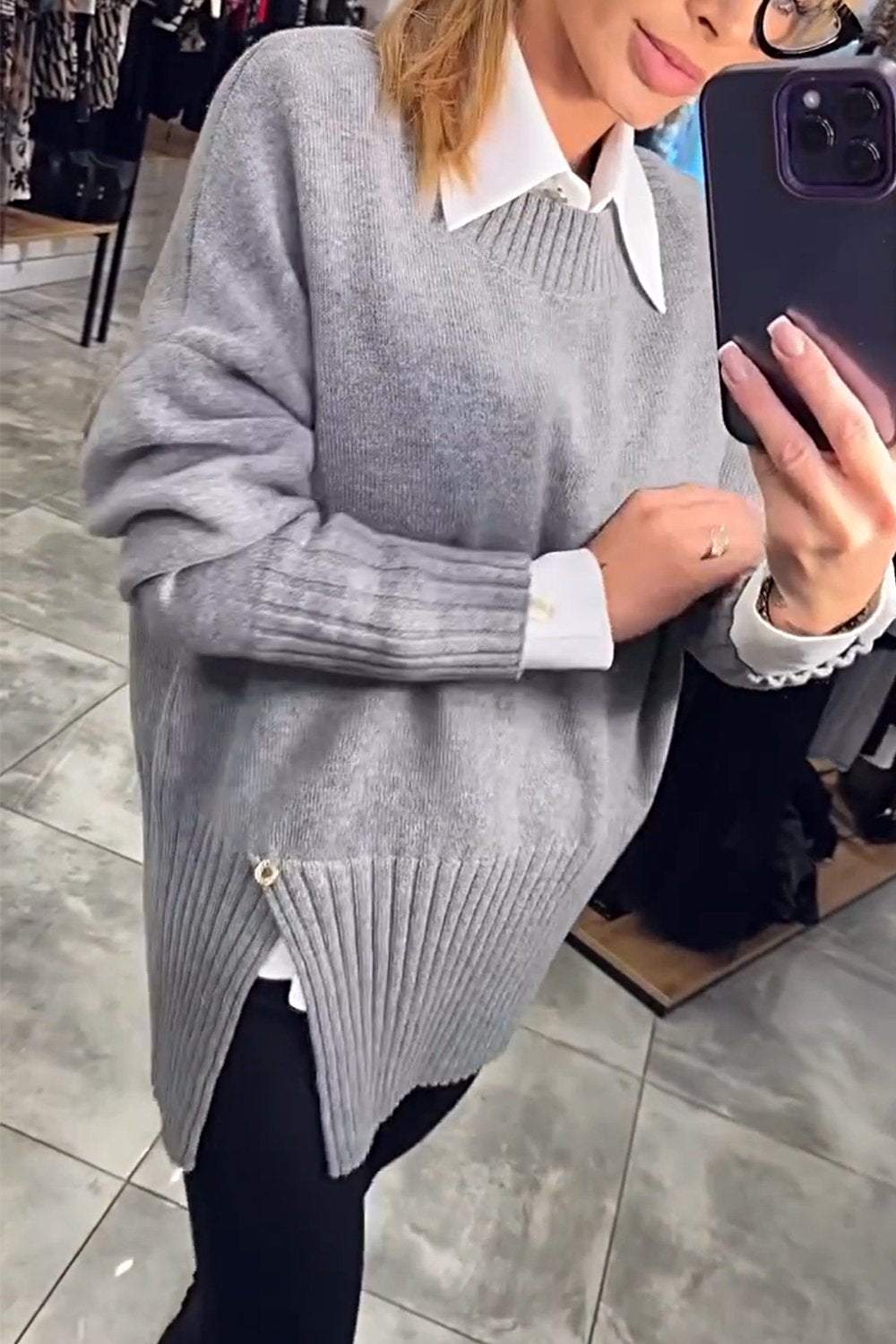 Women's Solid Color Slit Sweater Top