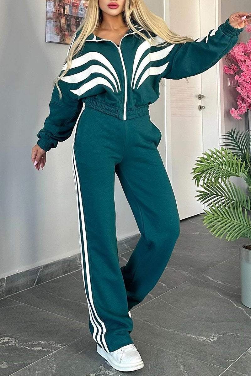 Women's Contrast Color Long Sleeve Pants Suit