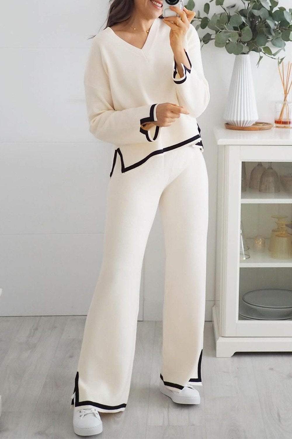 Women's Knitted Sweater Contrast Top and Pants Two-piece Set