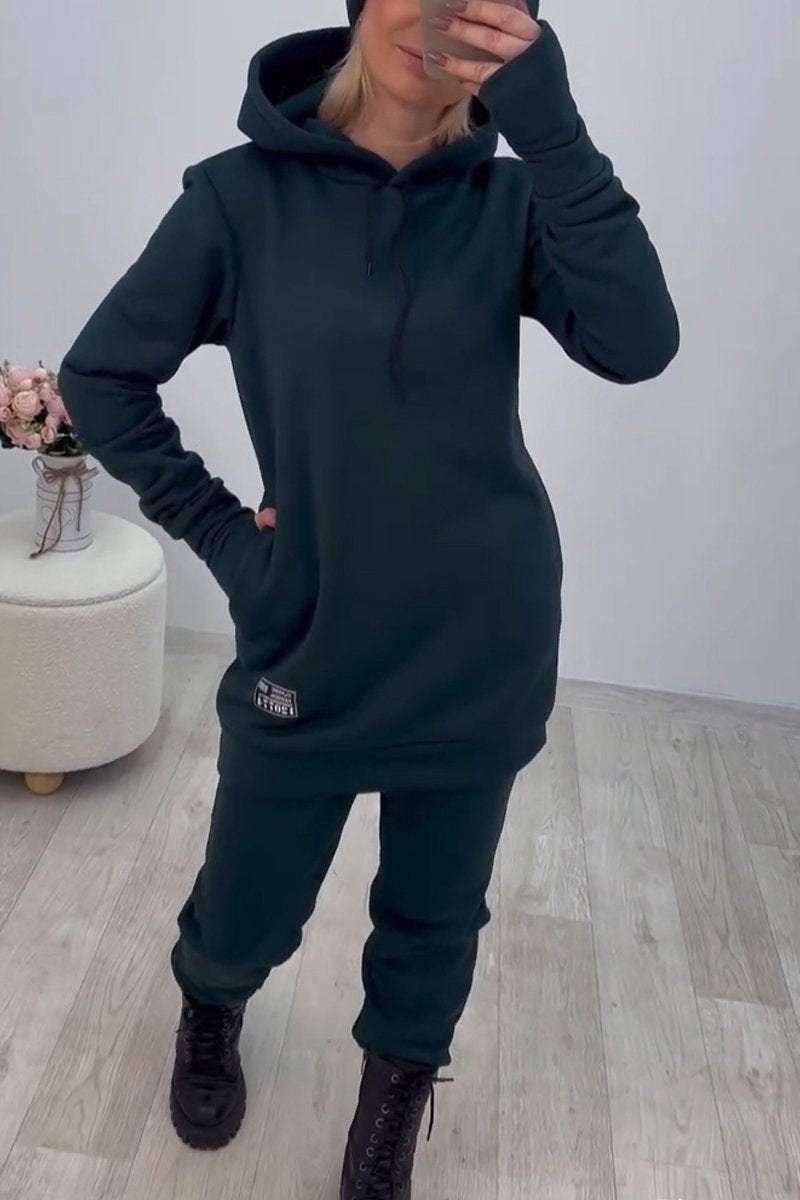 Women's Casual Hooded Solid Color Sweatshirt Two-piece Set