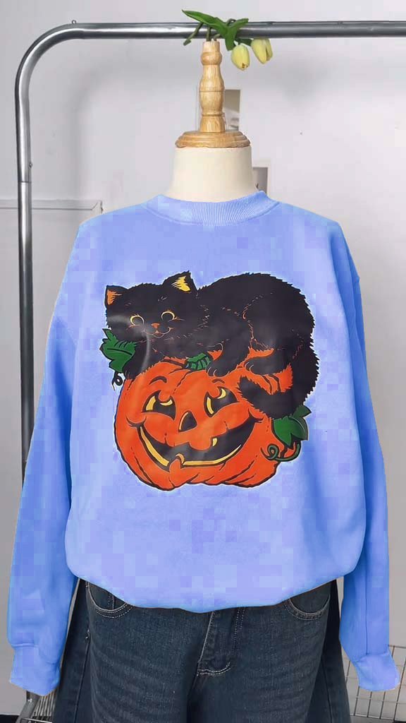 Halloween Women's Casual Pumpkin Cat Print Sweatshirt