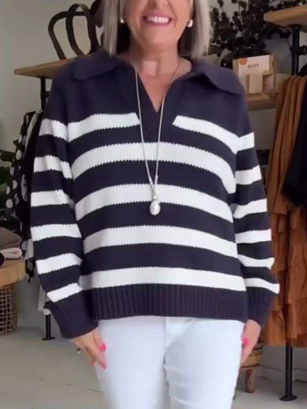 Women's Lapel Contrast Striped Sweater