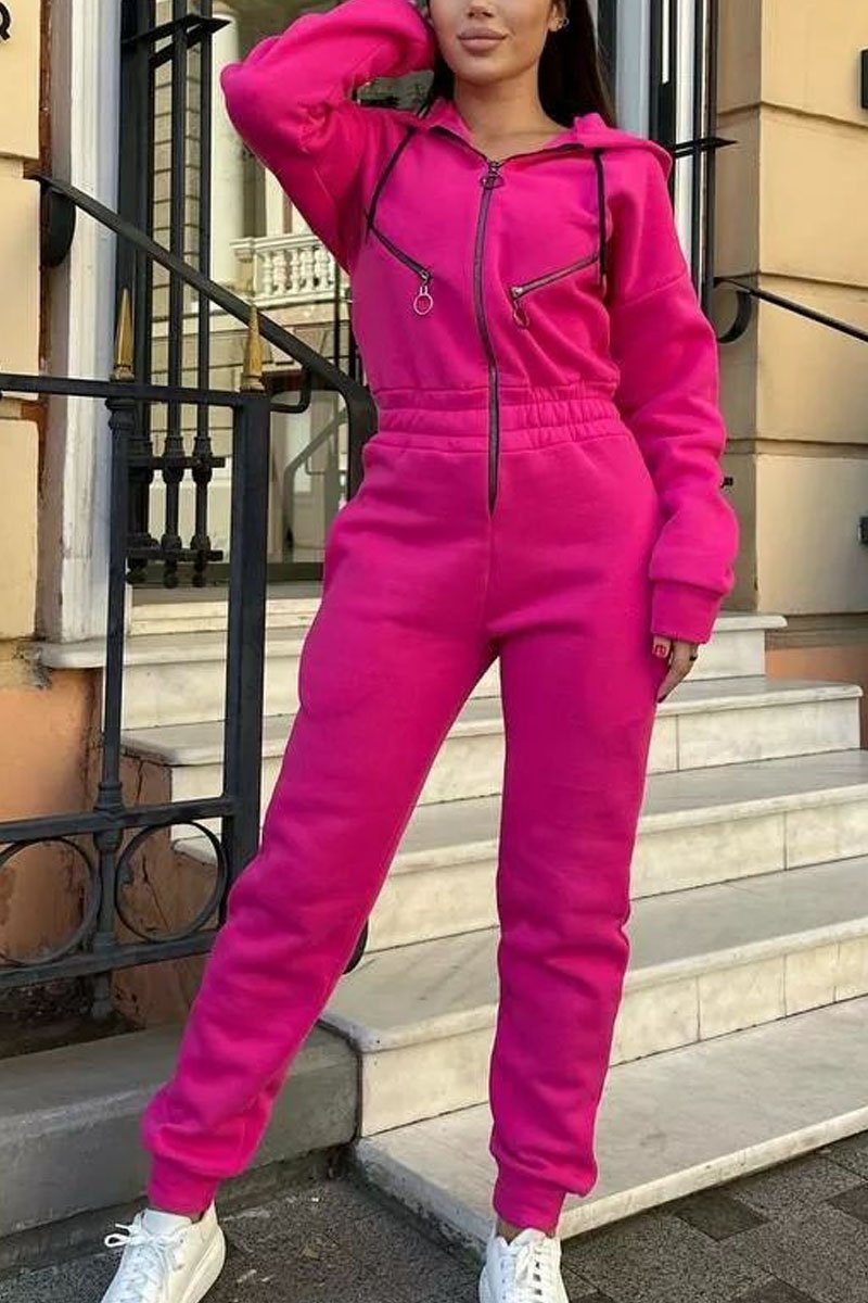 Solid Color Zipper Long Sleeve Jumpsuit