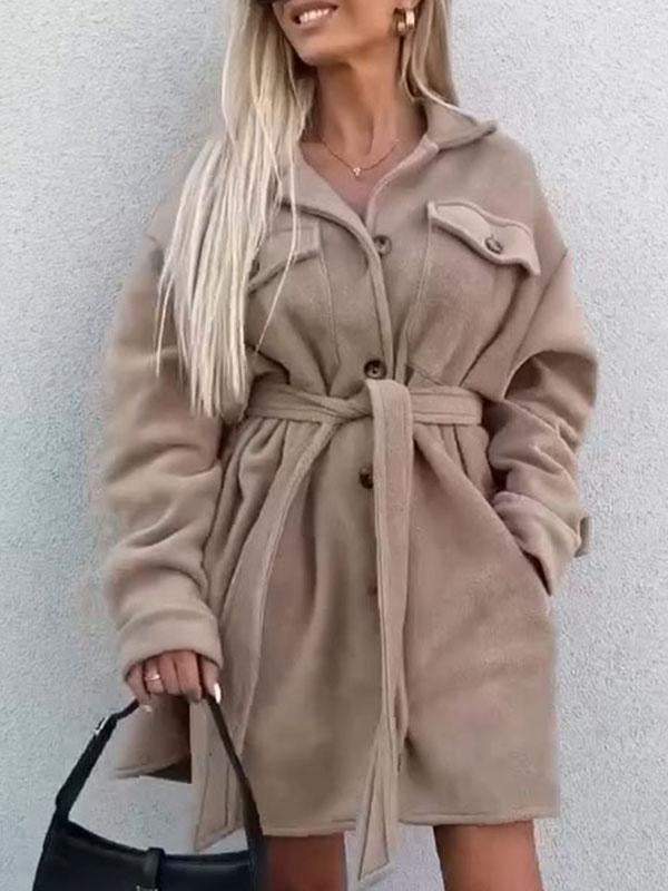 Women's Lapel Plush Waist Long Coat