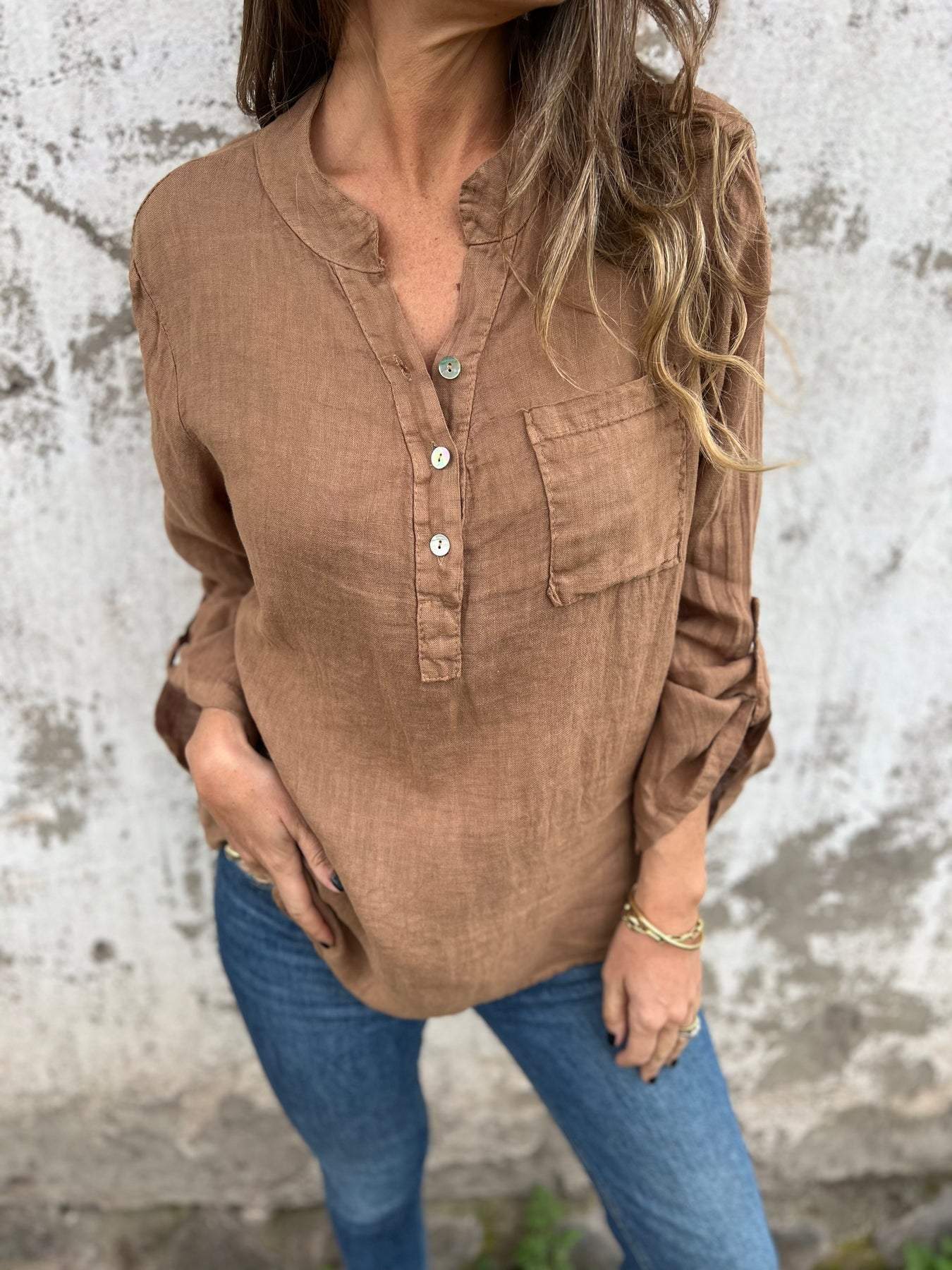 Women's Cotton and Linen V-neck Long-sleeved Casual Top