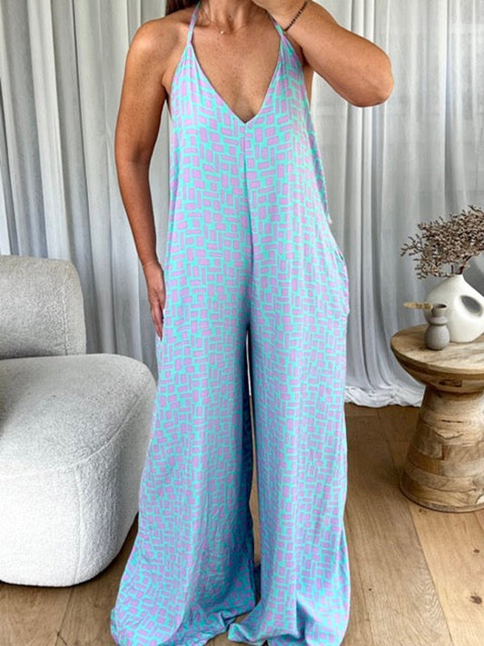 Women's Casual Printed Strappy Backless Jumpsuit