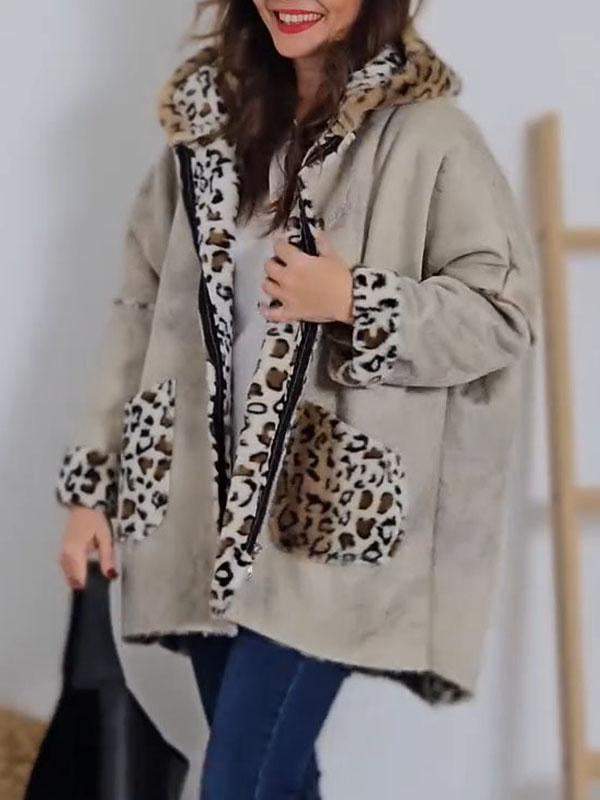 Women's Leopard Print Patchwork Hooded Coat