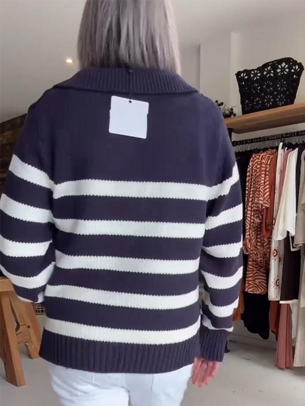 Women's Lapel Contrast Striped Sweater