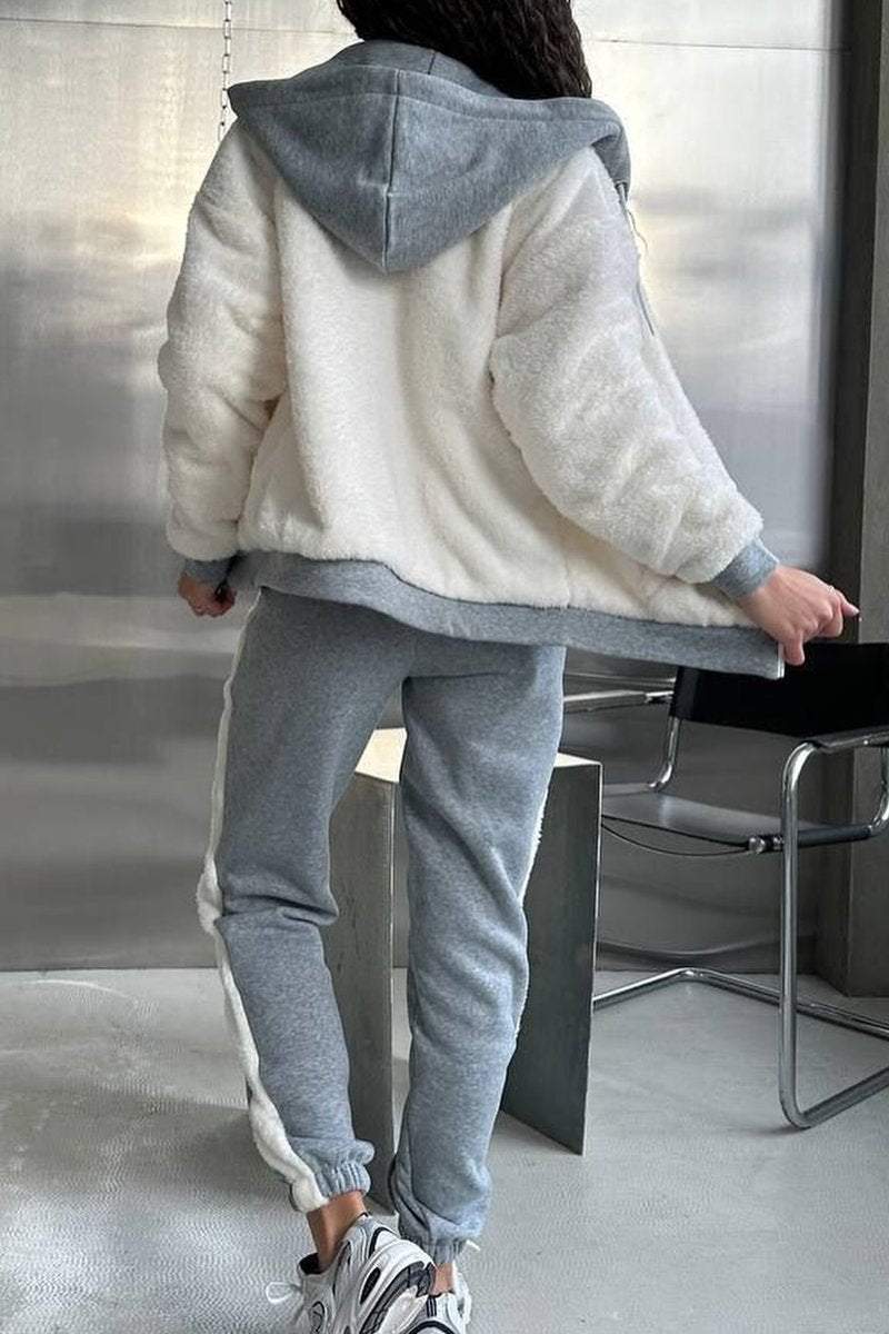 Women's Casual Contrast Color Plush Hooded Pants Set