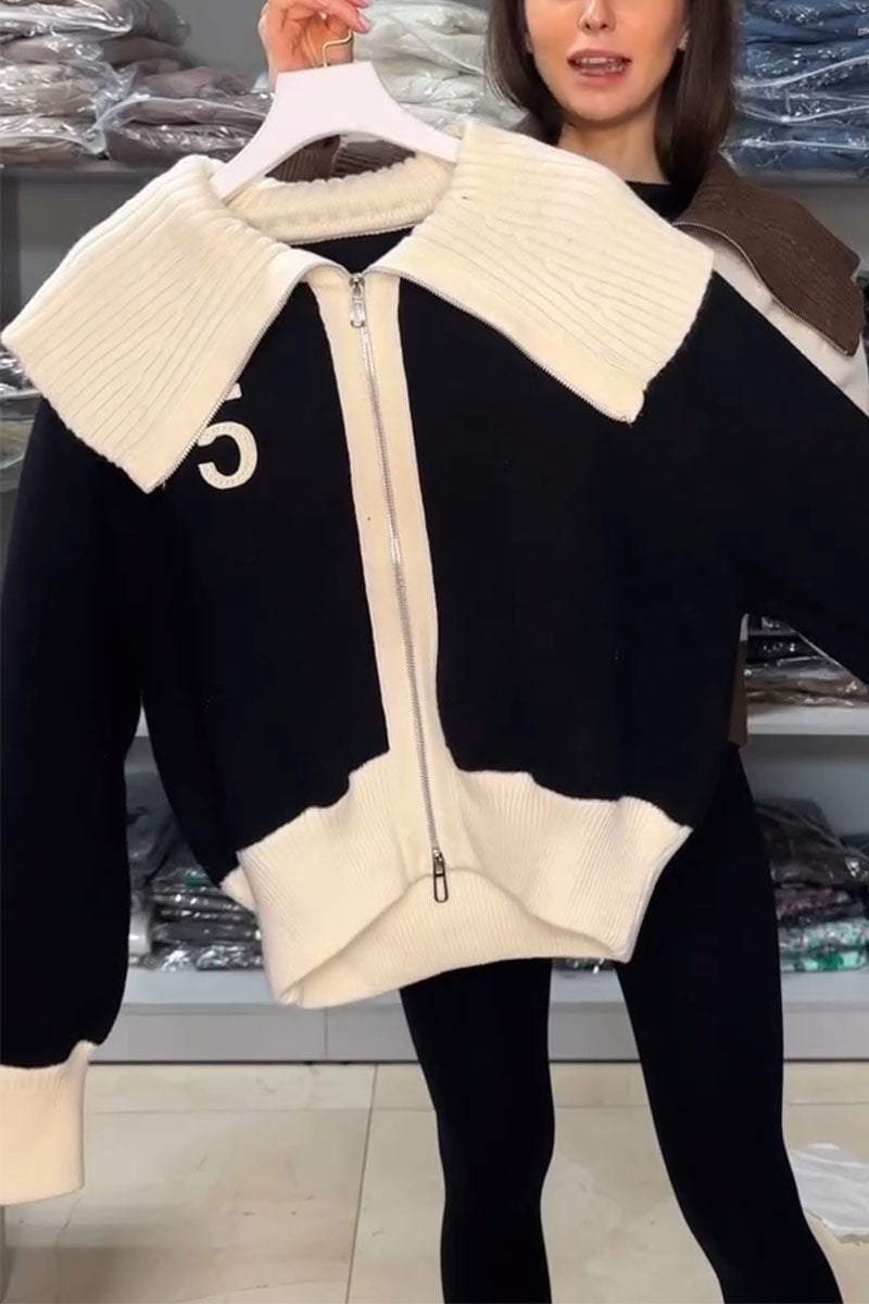 Women's Casual Knitted Paneled Zipped Jacket