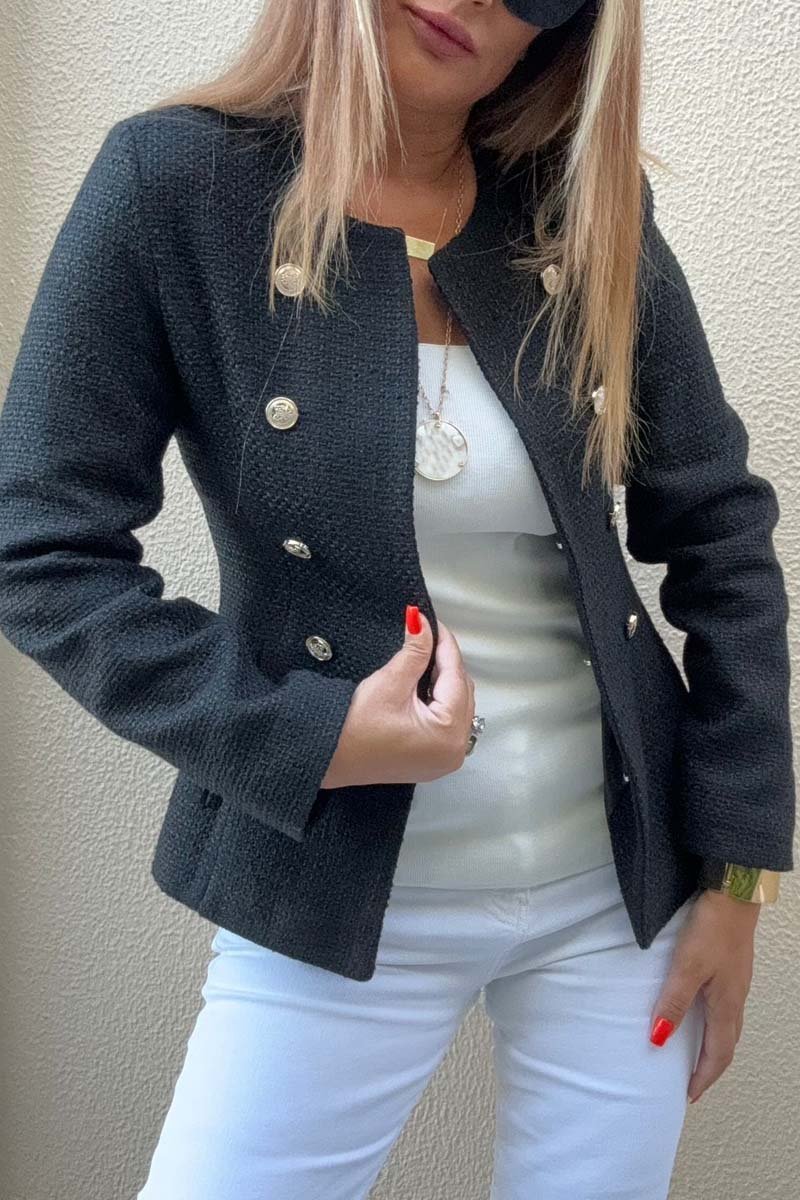 Women's Fashion Double Breasted Crew Neck Jacket