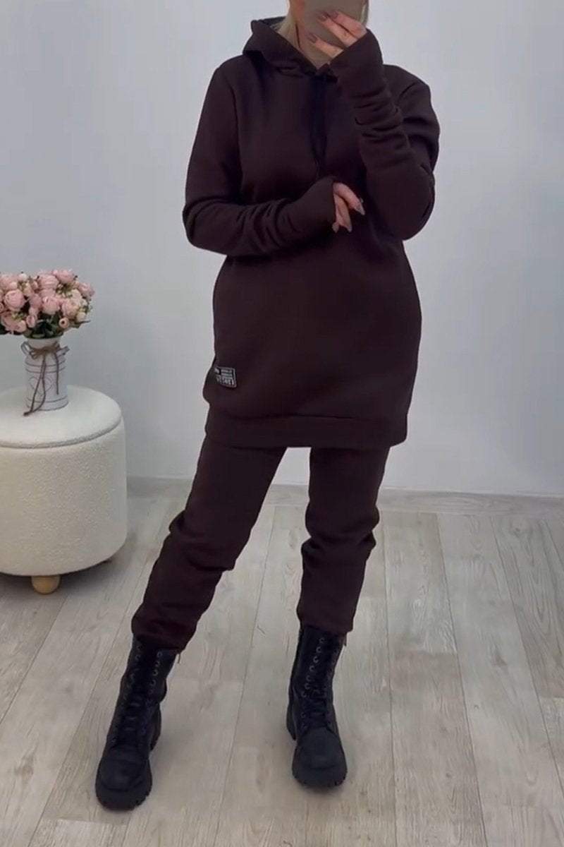 Women's Casual Hooded Solid Color Sweatshirt Two-piece Set