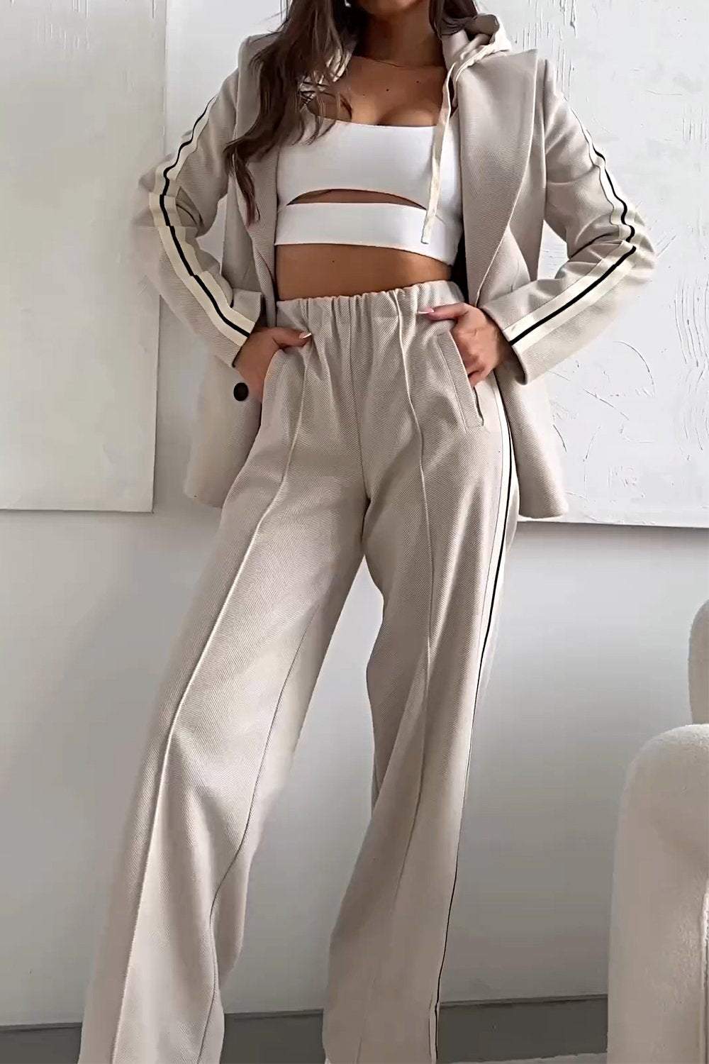 Women's Contrast Color Casual Suit Top & Pants Two-piece Set