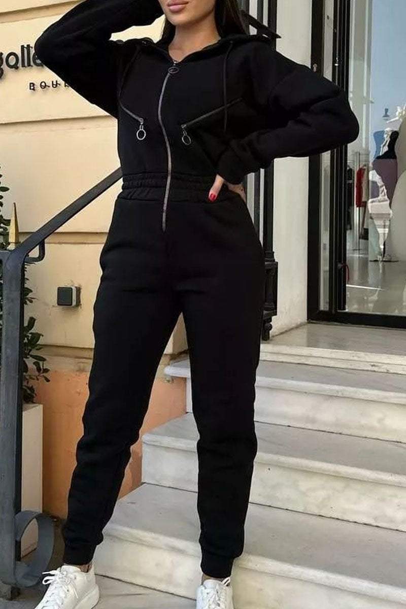 Solid Color Zipper Long Sleeve Jumpsuit