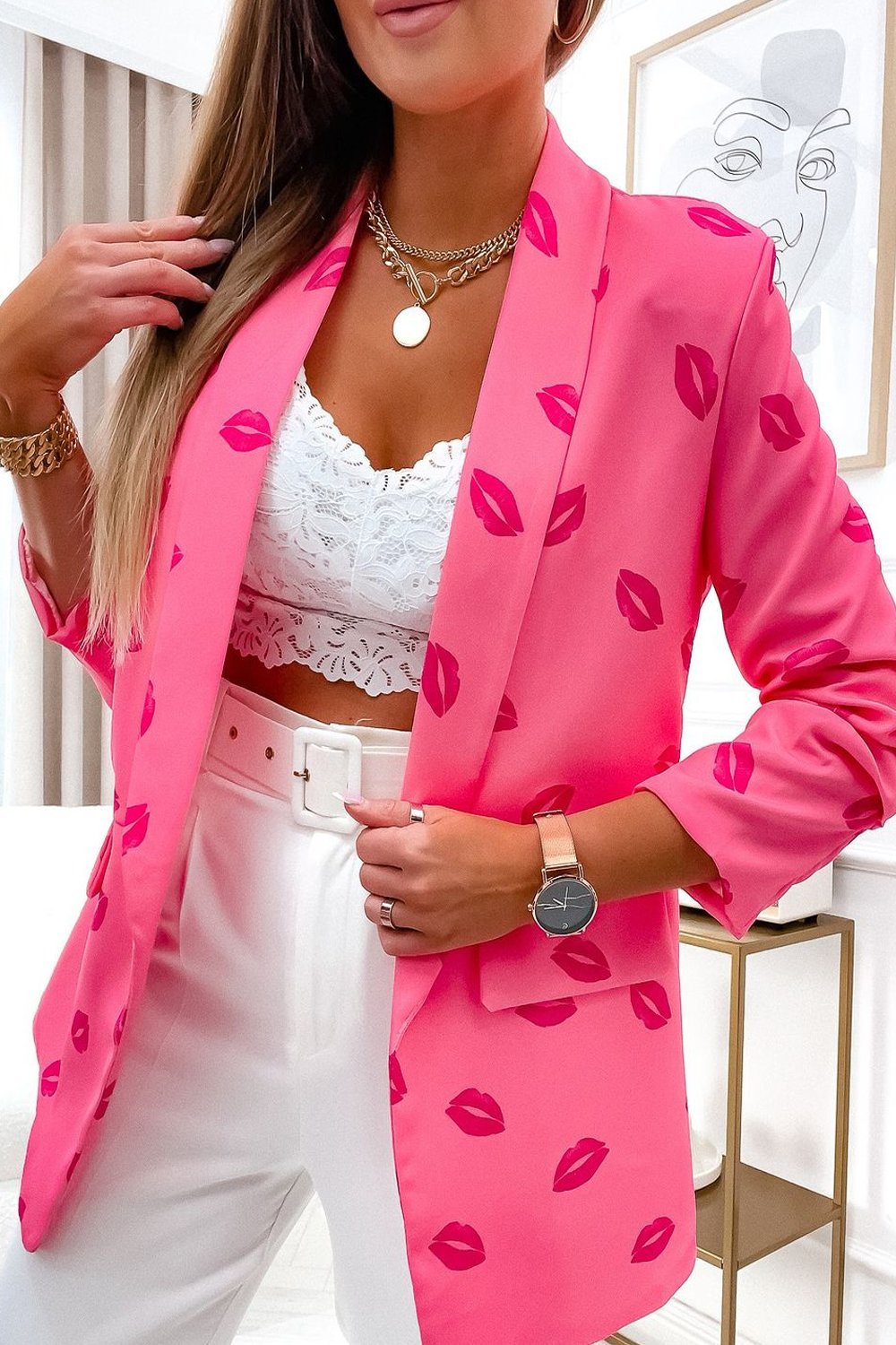 Women's Lips Printed Casual Blazer Tops