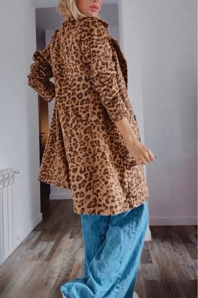 Women's Casual Lapel Mid-length Leopard Print Coat