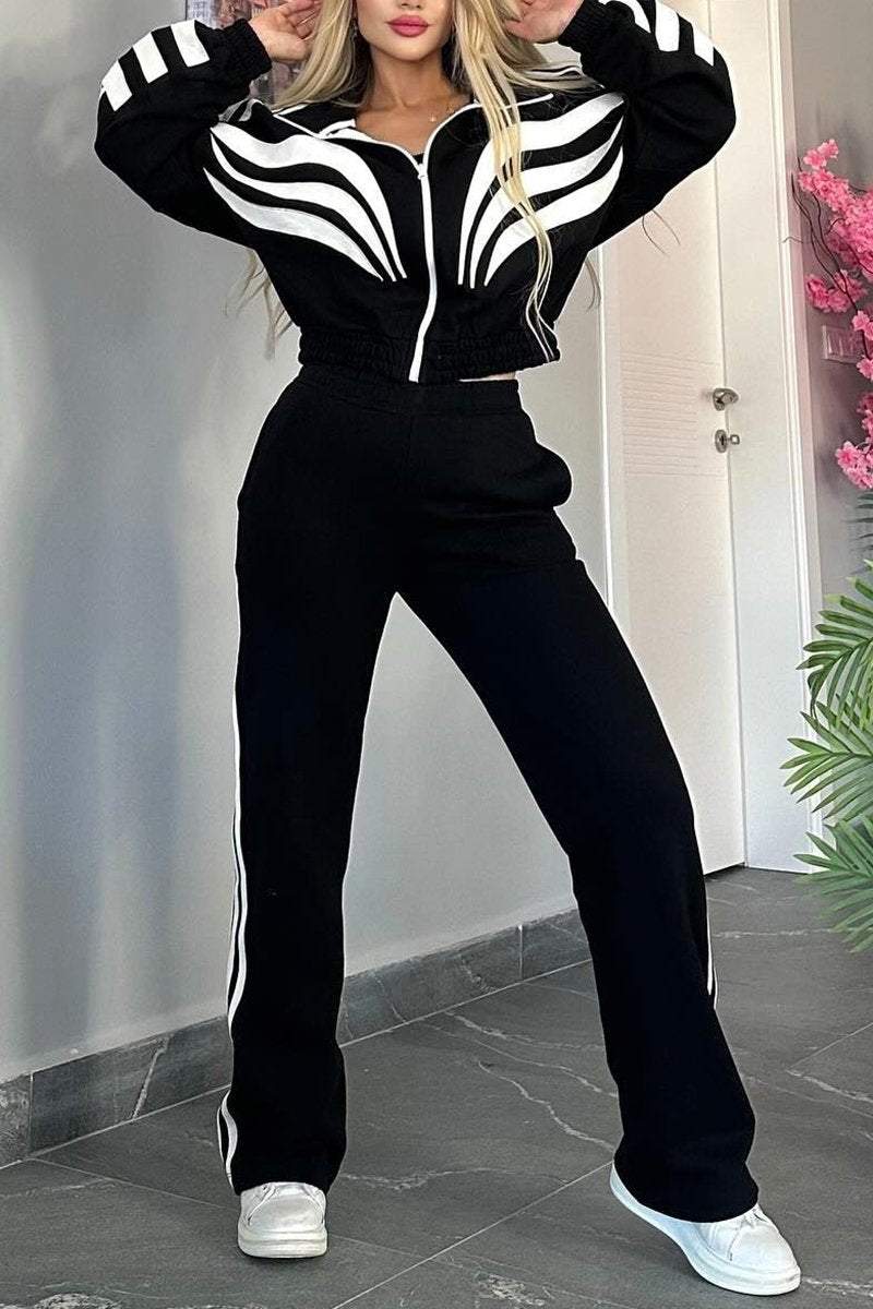 Women's Contrast Color Long Sleeve Pants Suit