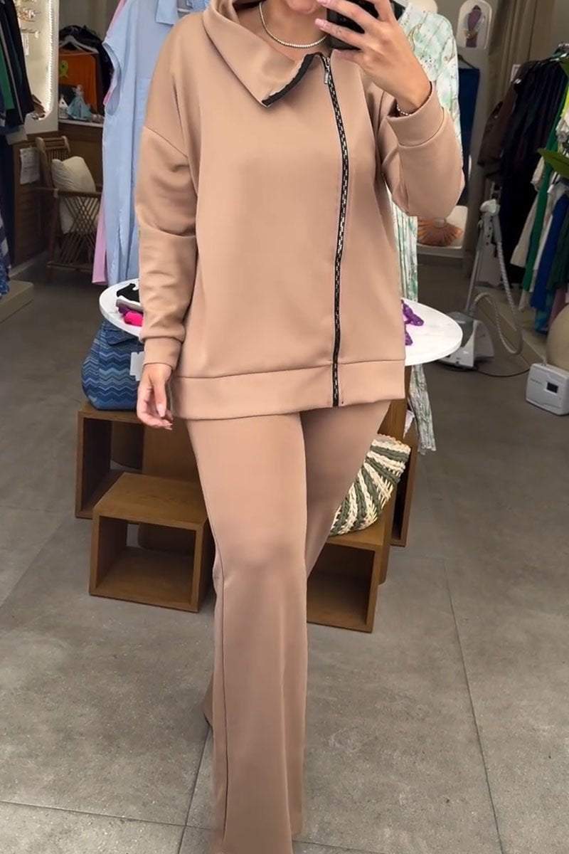 Women's Casual Irregular Neckline Zipper Solid Color Suit