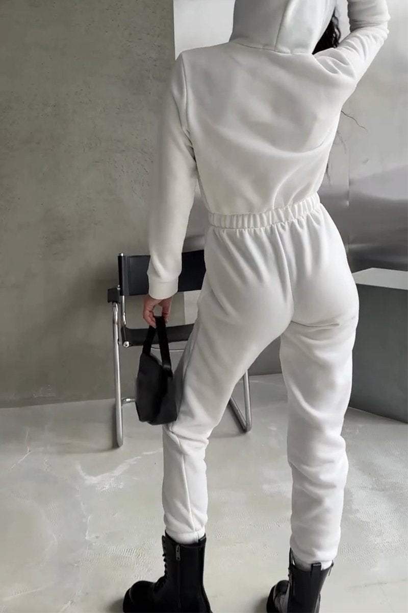 Women's Casual Hooded Half-zip Solid Color Jumpsuit