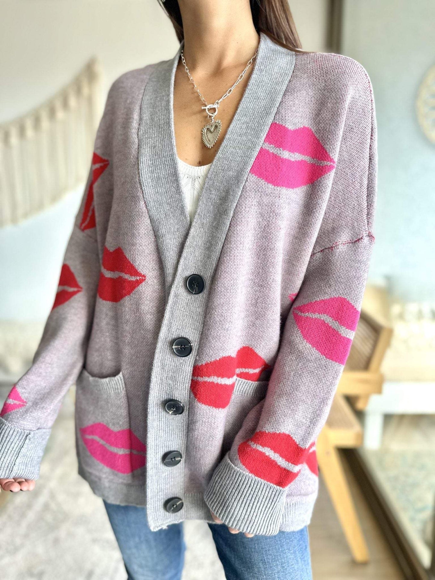 Women's Casual Lip Print Knitted Cardigan