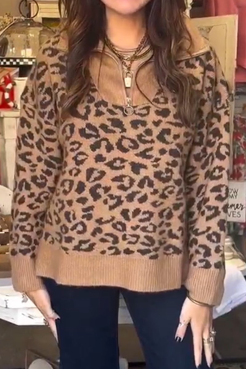 Women's Leopard Print Zippered Wool Pullover