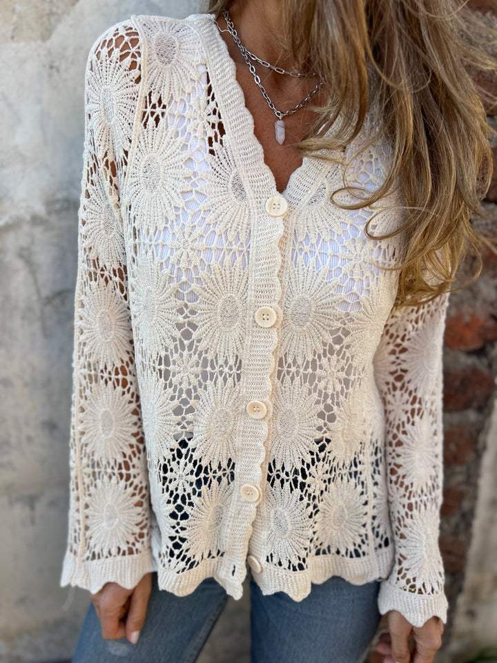 Women's V-neck Long-sleeved Hollow Knitted Cardigan Top