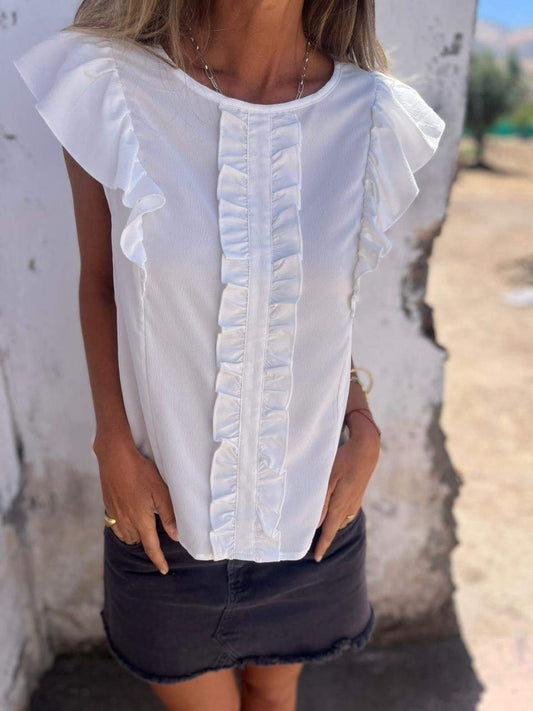 Crew-neck Top with Symmetrical Ruffles