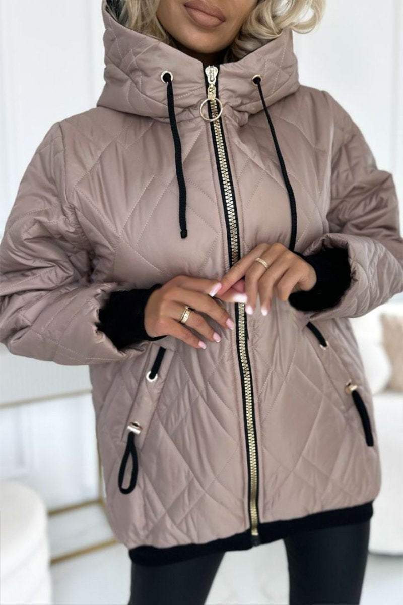 Women's Hooded Zipper Side Button Design Casual Coat