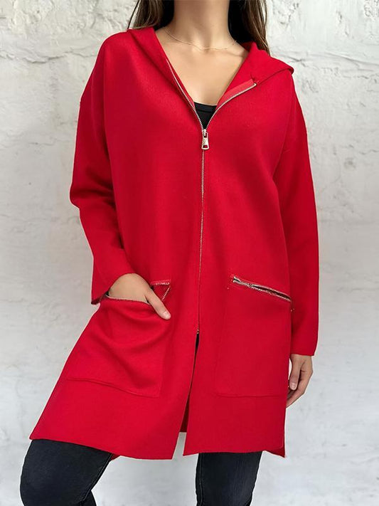 Women's Autumn Hooded Solid Color Zipper Jacket