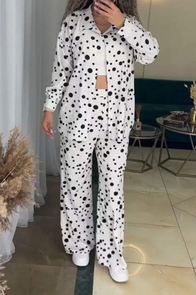 Women's Casual Polka Dot Print Long Sleeve Two Piece Set