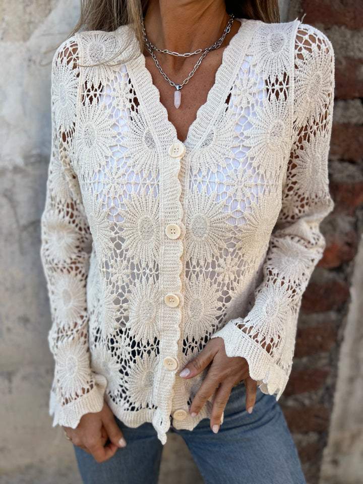 Women's V-neck Long-sleeved Hollow Knitted Cardigan Top