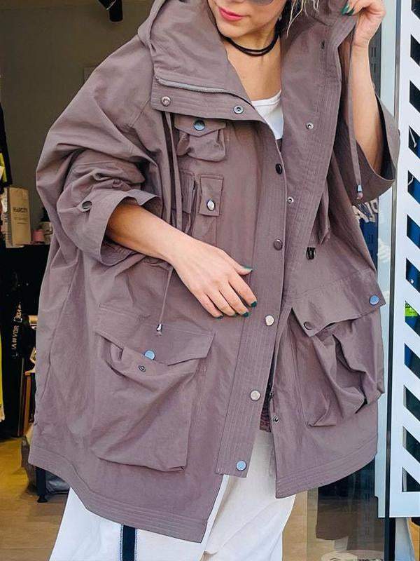 Women's Cool Solid Color Zip-up Hooded Trench Coat