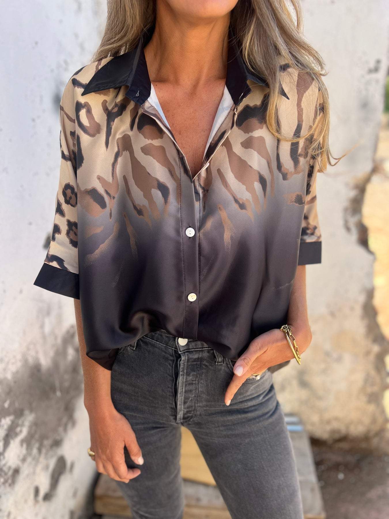 Women's Leopard Print Lapel Mid-sleeve Shirt