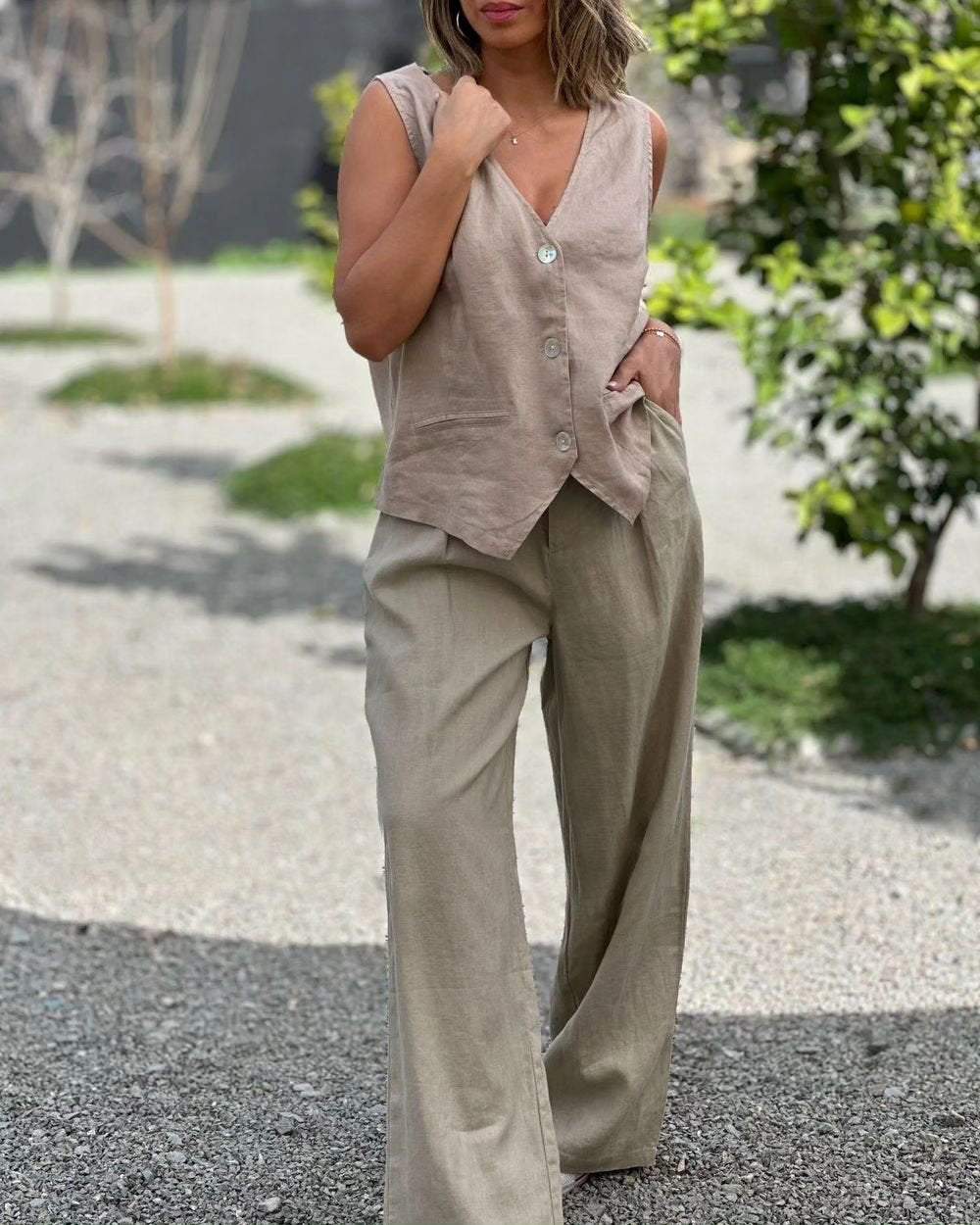 Women's Sleeveless Cotton and Linen Vest & Pants