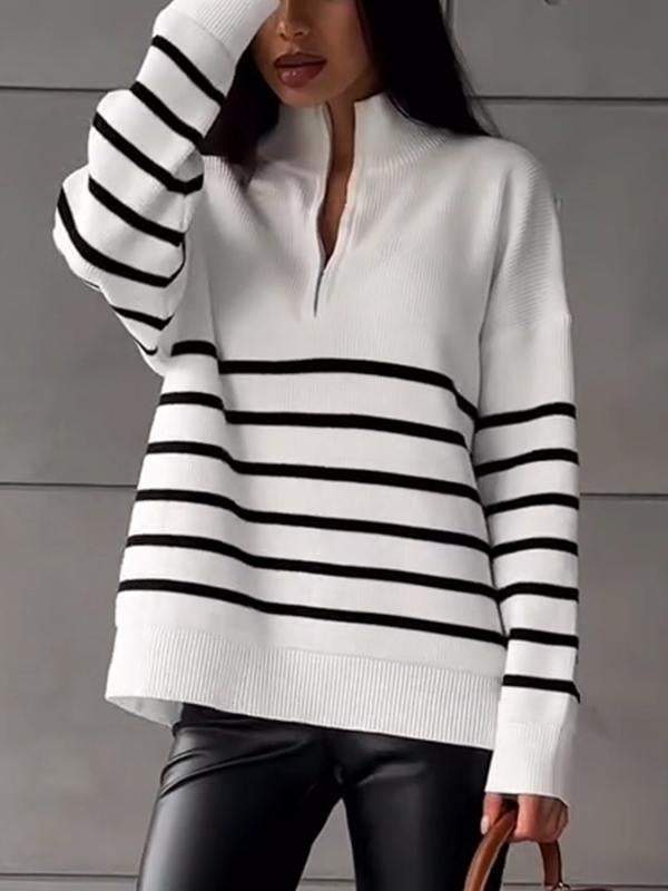 Women's Stand Collar Striped Knitted Top